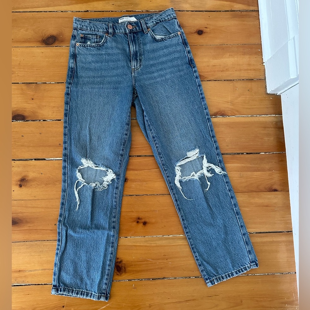 Garage Denim Blue Distressed Vintage High Rise Straight Leg Jeans • Size 5